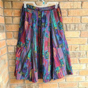 Fengy Women's Flared Maxi Skirt Buttoned front Multi Slits Size M Abstract Print